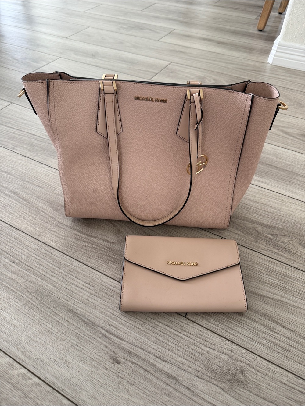 Michael Kors Blush Pink Pebbled Leather Tote with Matching Clutch wallet